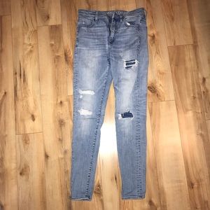 American Eagle high waisted patch jeans